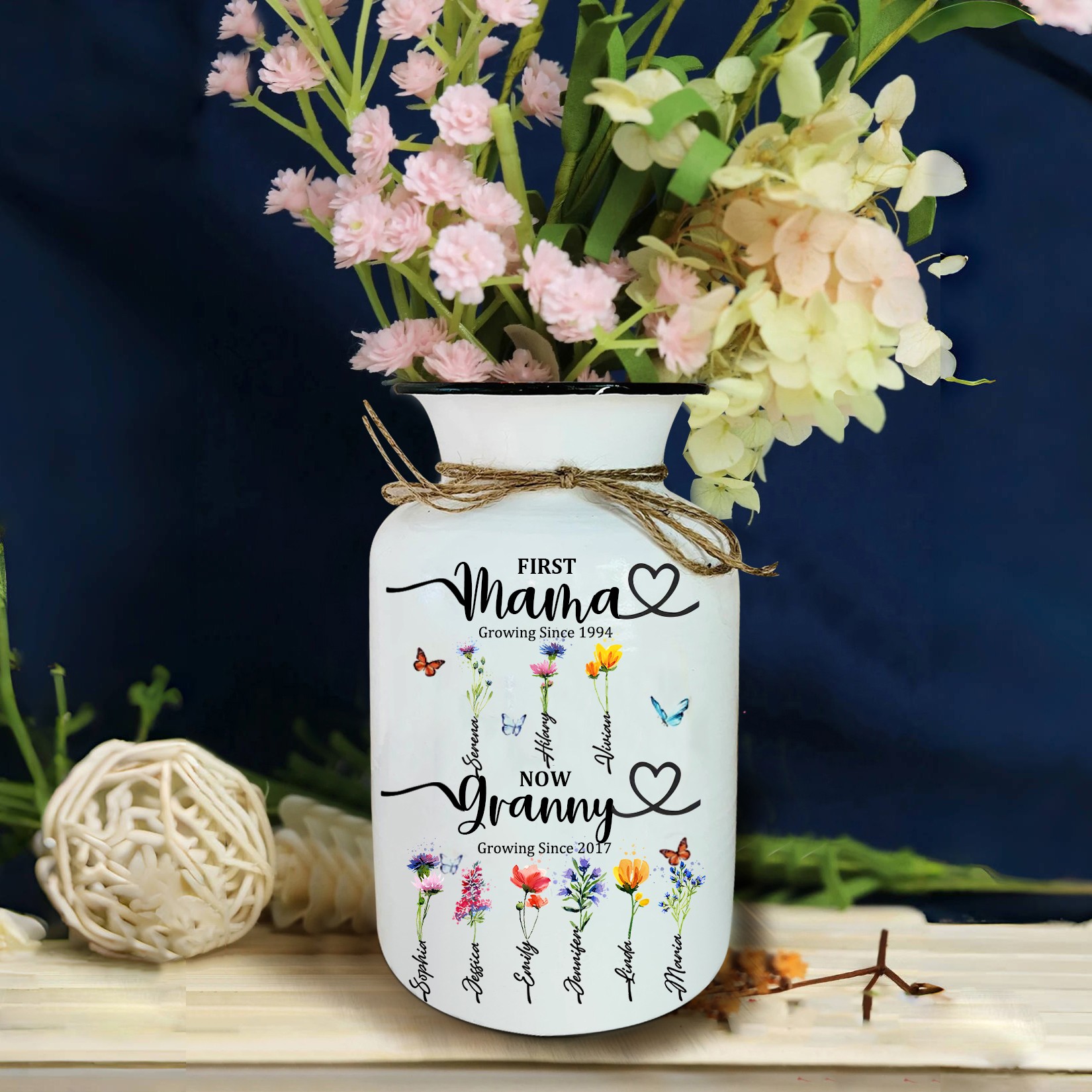 First Mom Now Grandma Personalized Birth Flower Vase For Mother's Day Gift Ideas