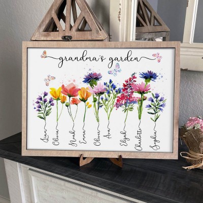 Custom Birth Month Flower Grandma's Garden Wooden Sign For Mom Grandma Mother's Day Gift