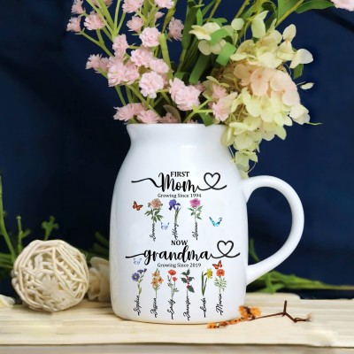 First Mom Now Grandma Personalized Birth Flower Vase For Mother's Day Gift Ideas