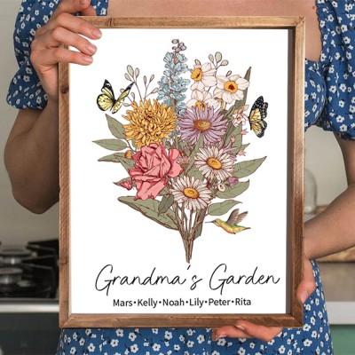 Custom Grandma's Garden Birth Flower Bouquet Sign With Grandkids Name For Mother's Day Gift