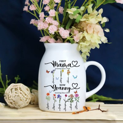 First Mom Now Grandma Personalized Birth Flower Vase For Mother's Day Gift Ideas